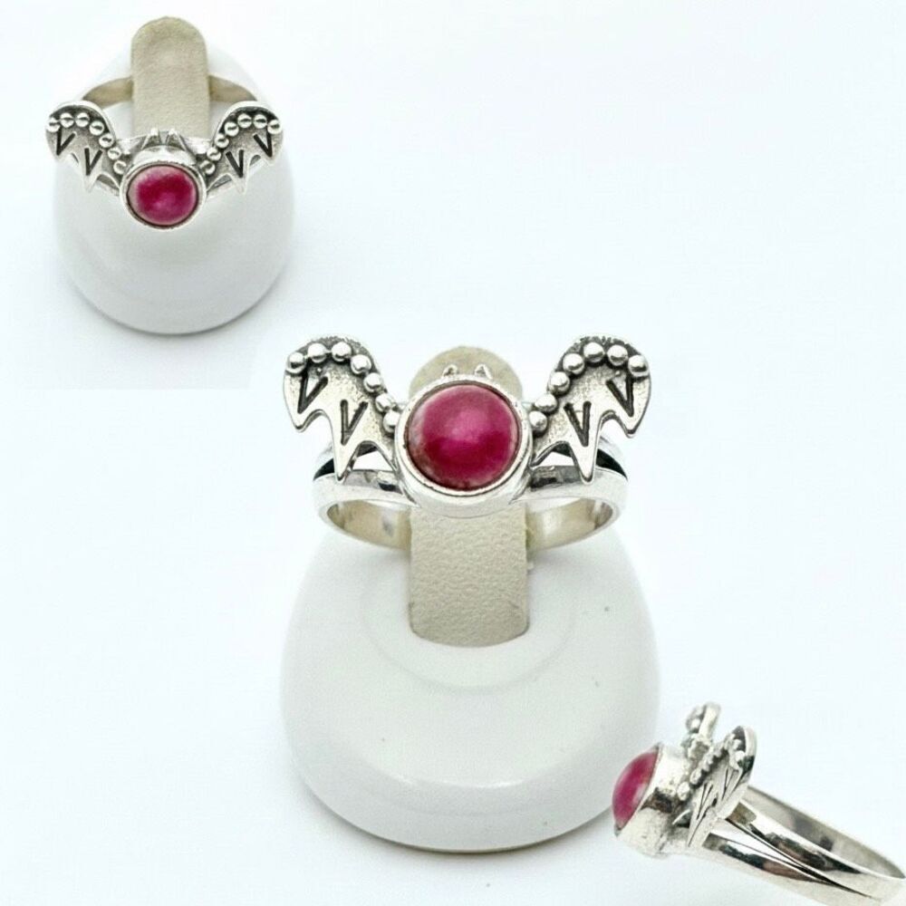 Sterling Silver Gothic Bat Wing Boho Statement Ring - Red Gemstone - Size 7 New